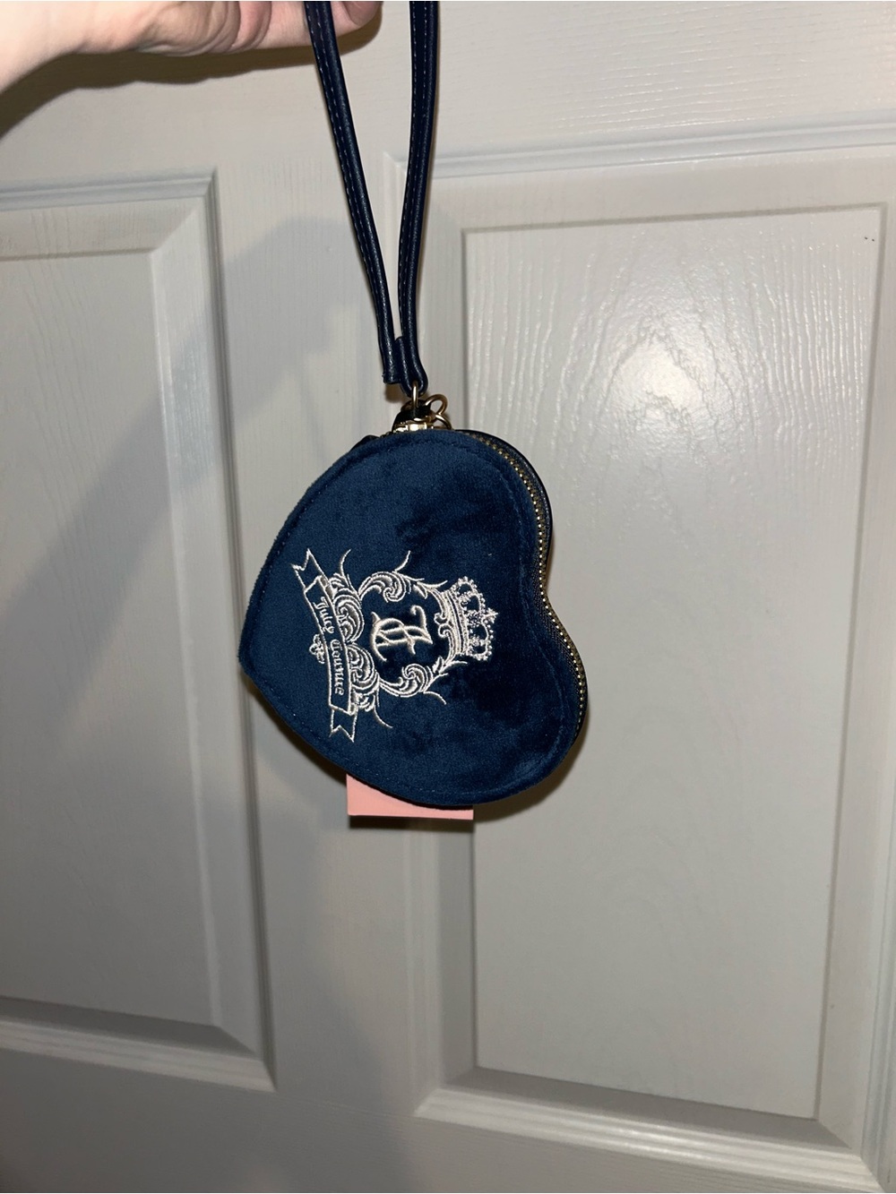 Heart-Shaped Navy Velvet Wristlet Clutch with Embroidered Crest